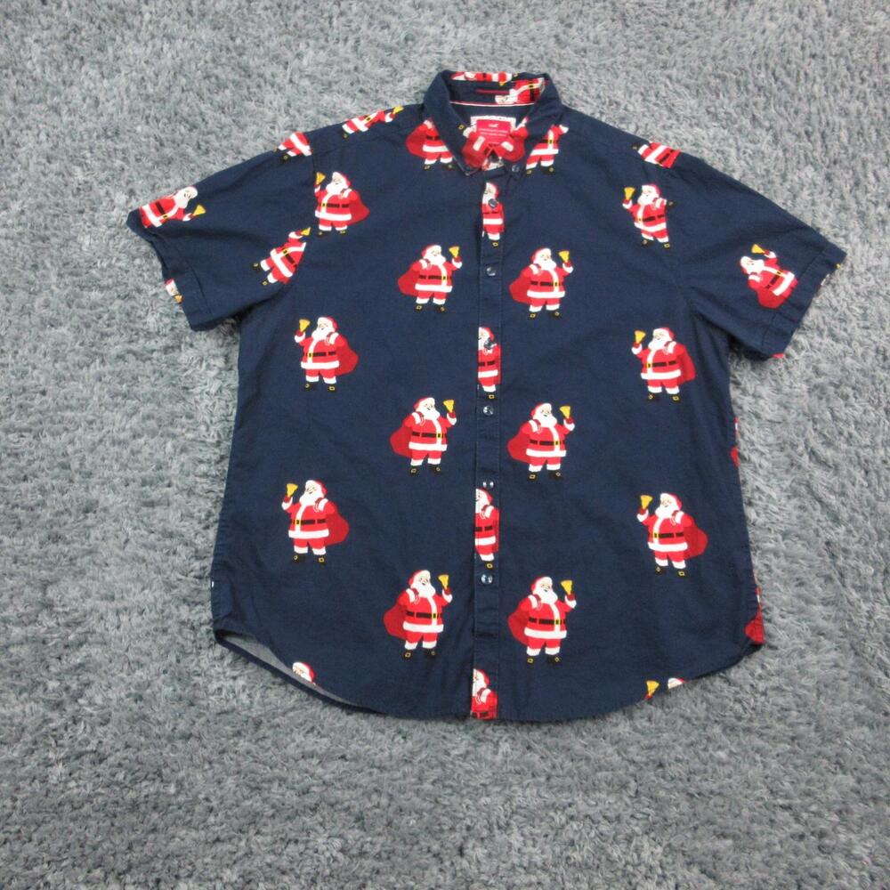 Denim & Flower Shirt Mens XL Navy Blue Santa Claus Holiday Button Up Christmas